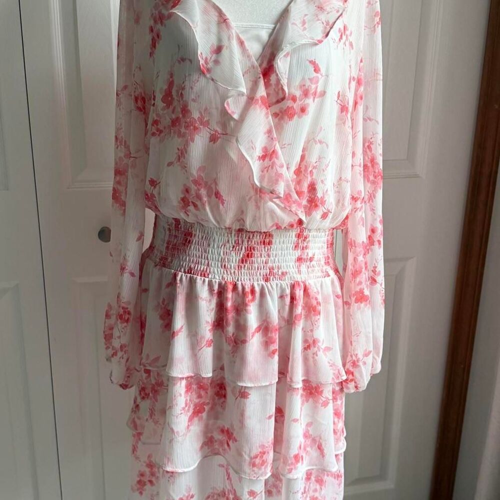 White & pink floral ruffle long sleeve dress size 18 by Tommy Hilfiger